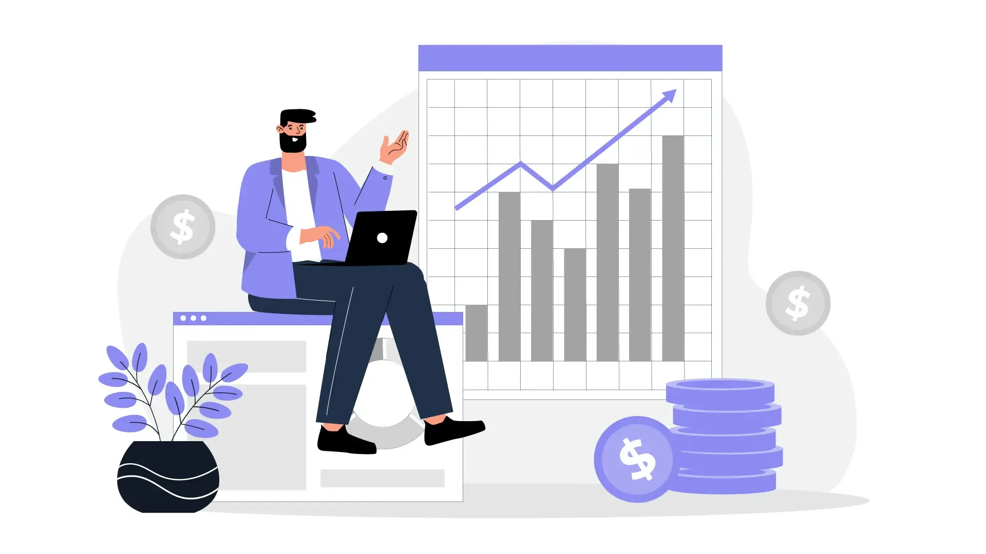 Male Character in Flat Design Presenting Investment Chart 2D Character Illustration image